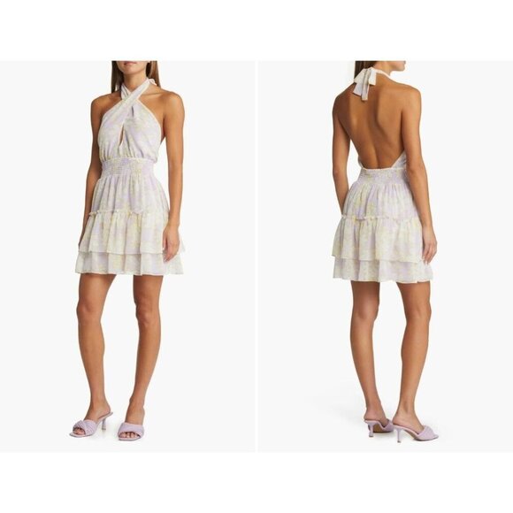 WAYF Dress Mabel Lavender Tropical Halter Coquette Ruffle Smocked Party Lined S - Picture 3 of 15